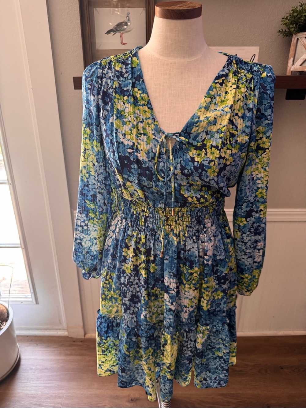 Taylor Blue and Green Floral Tie-Front Smocked Mini Dress